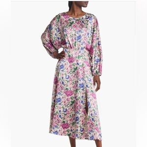 Elegant floral print satin long sleeved dress; size medium.